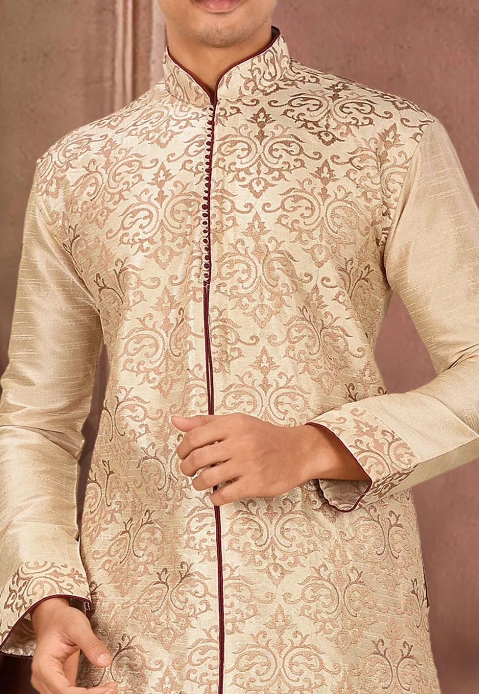 Embroidered Art Silk Dhoti Kurta in Beige