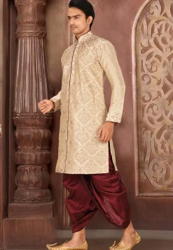 Embroidered Art Silk Dhoti Kurta in Beige