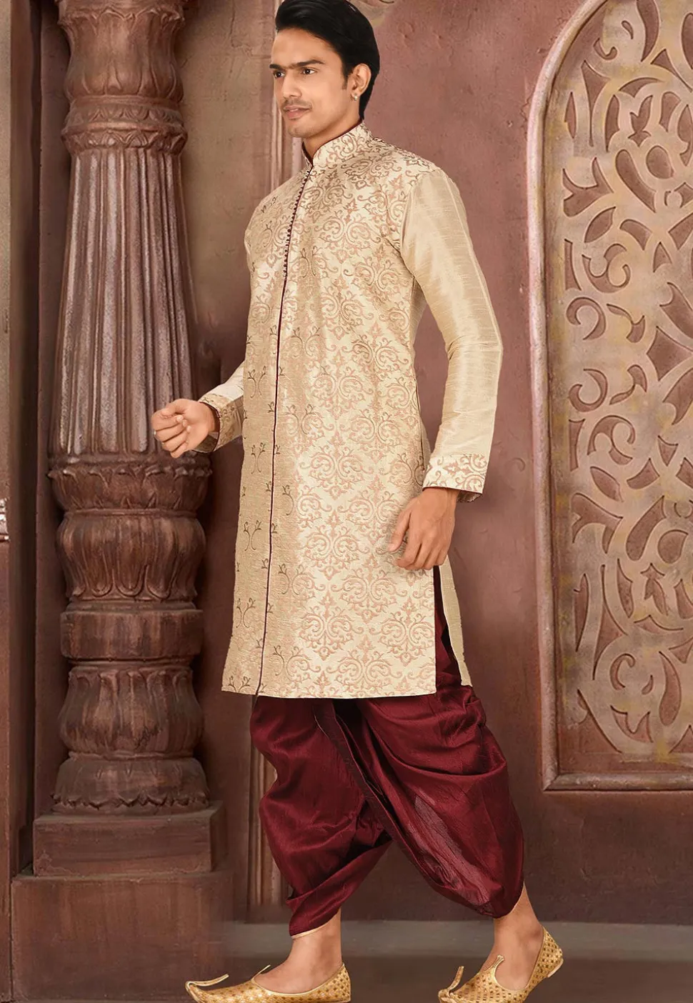 Embroidered Art Silk Dhoti Kurta in Beige
