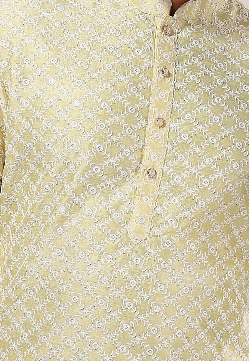 Embroidered Art Silk Dhoti Kurta in Yellow