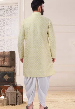 Embroidered Art Silk Dhoti Kurta in Yellow