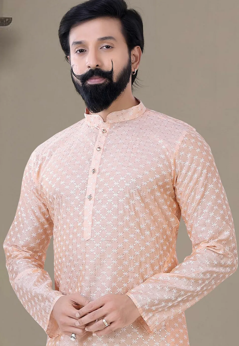 Embroidered Art Silk Dhoti Kurta in Peach