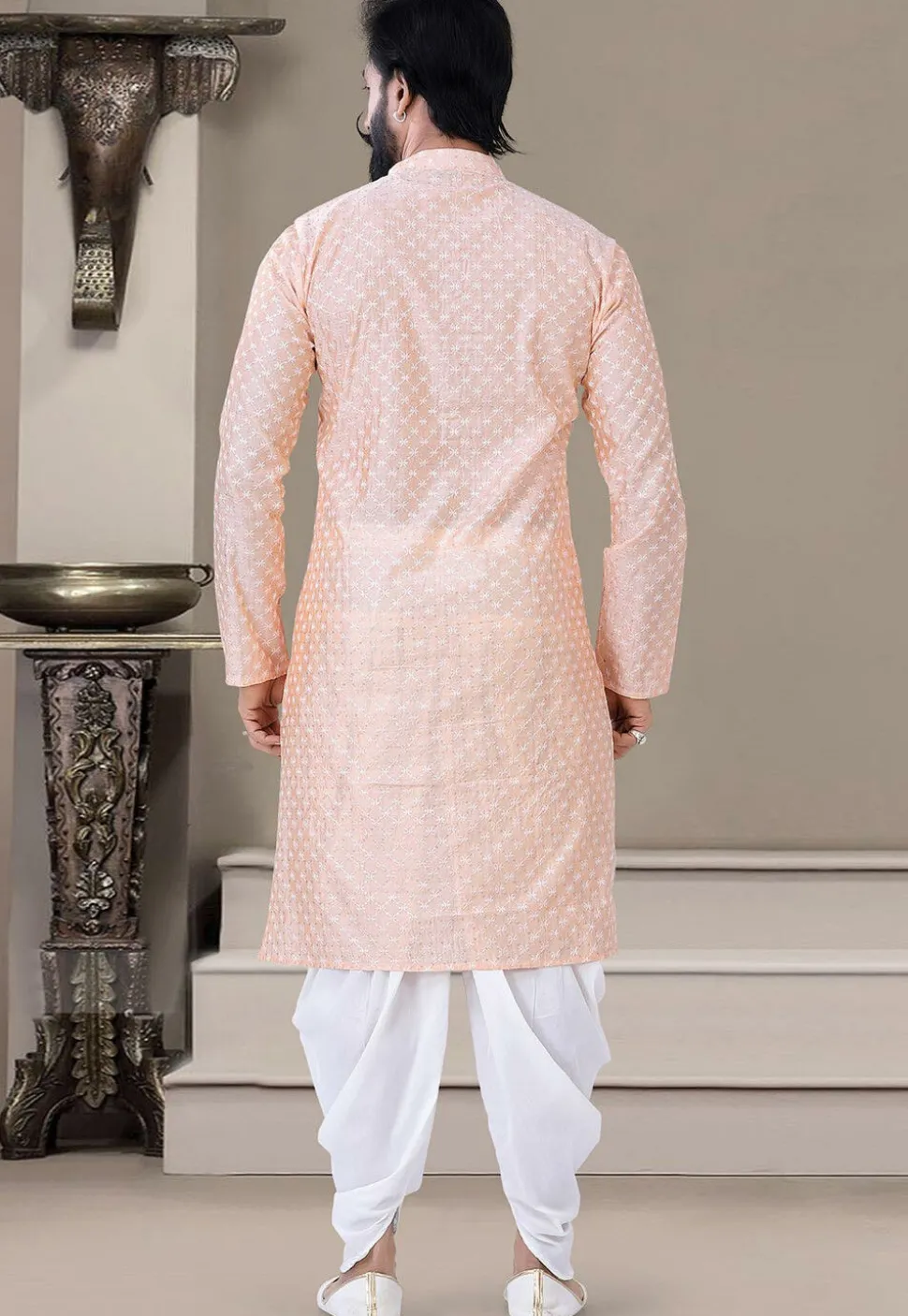 Embroidered Art Silk Dhoti Kurta in Peach