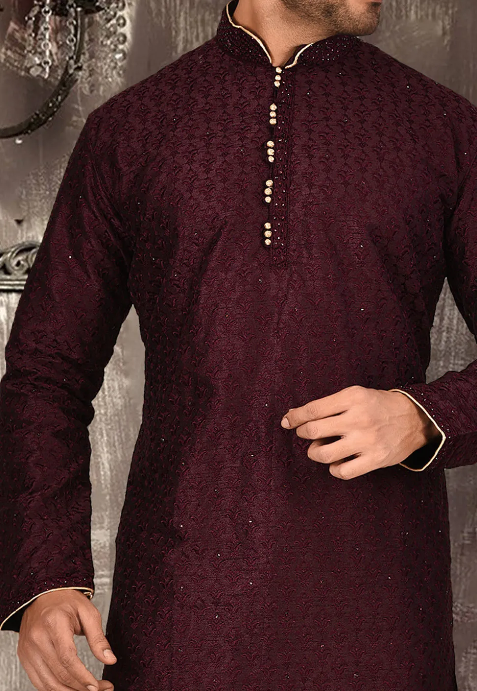 Embroidered Art Silk Dhoti Kurta in Dark Maroon
