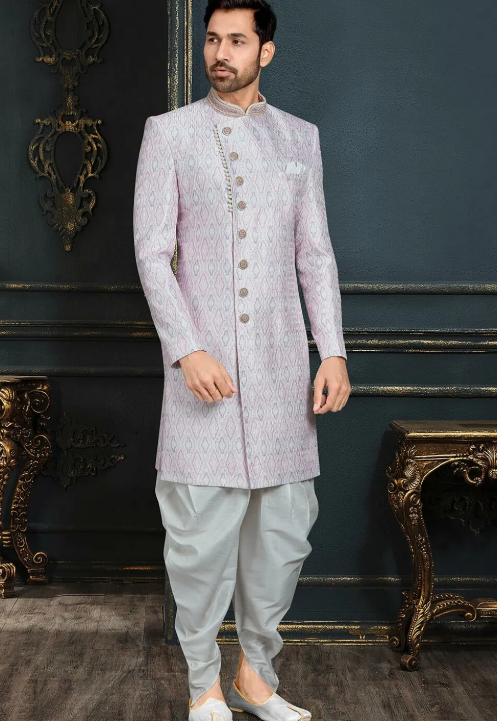 Embroidered Art Silk Dhoti Sherwani in Light Purple