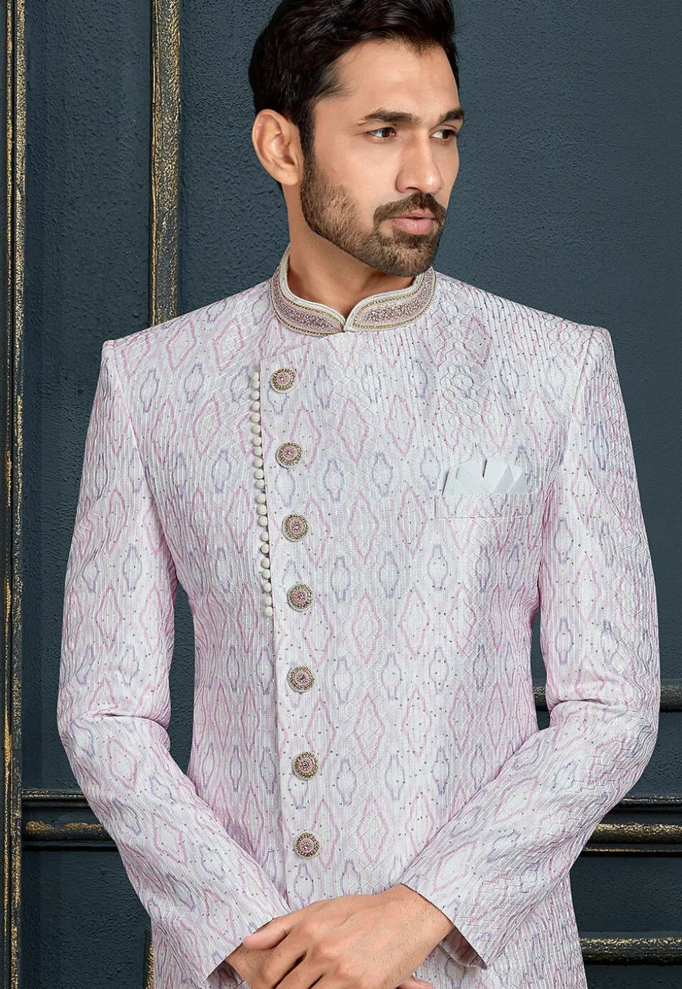 Embroidered Art Silk Dhoti Sherwani in Light Purple