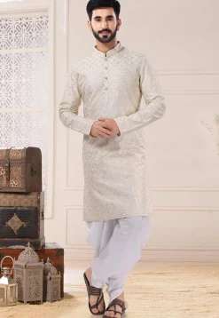 Embroidered Art Silk Dhoti Kurta in Cream