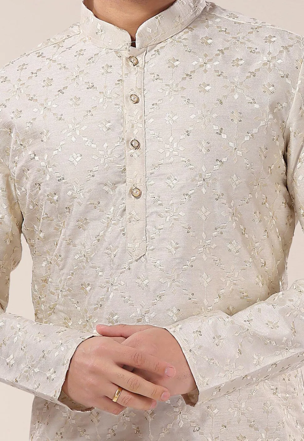 Embroidered Art Silk Dhoti Kurta in Cream