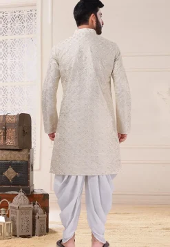 Embroidered Art Silk Dhoti Kurta in Cream
