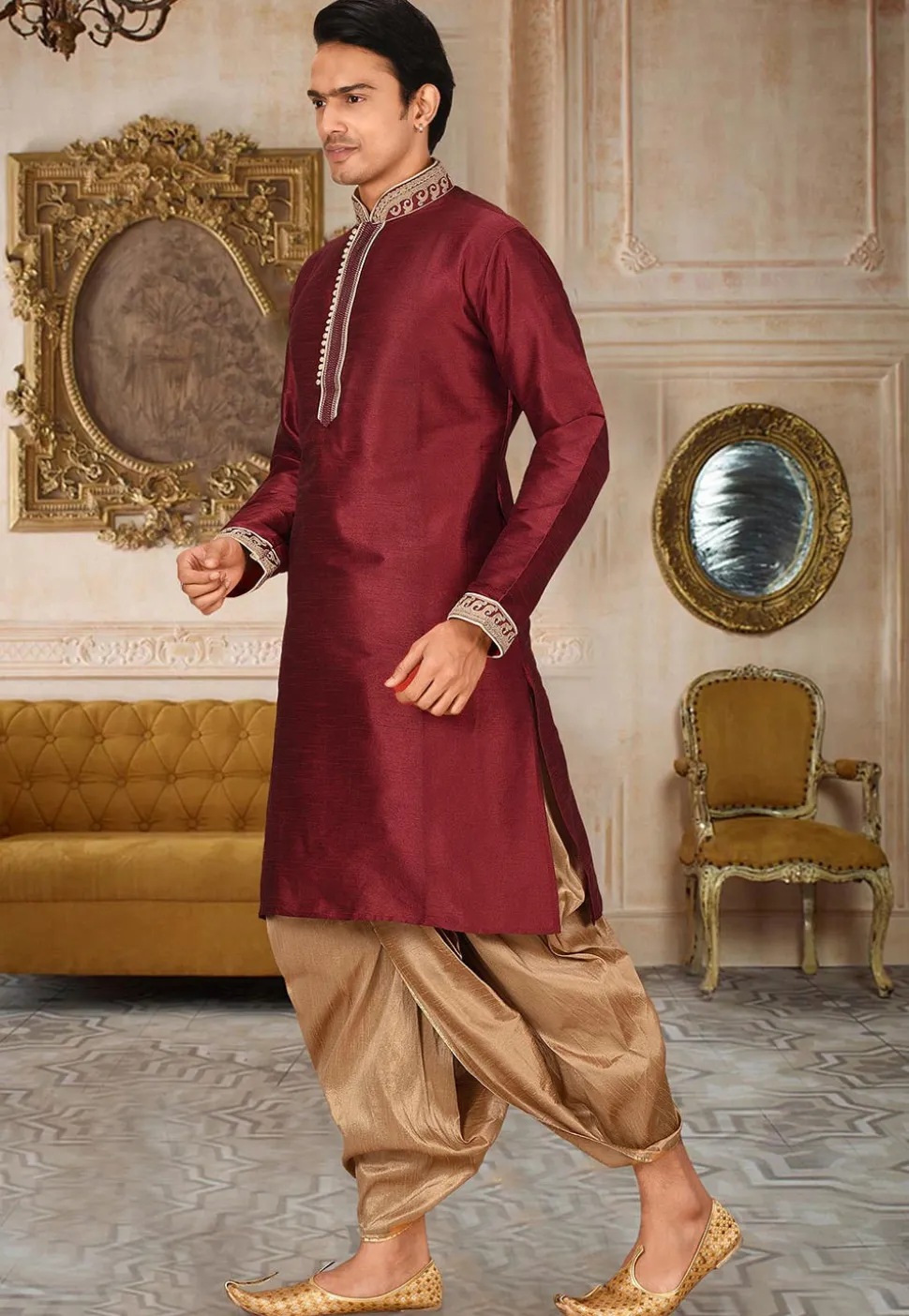 Embroidered Art Silk Dhoti Kurta in Maroon