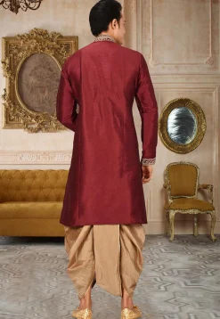 Embroidered Art Silk Dhoti Kurta in Maroon