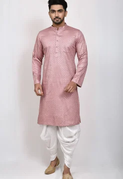 Embroidered Art Silk Dhoti Kurta in Old Rose