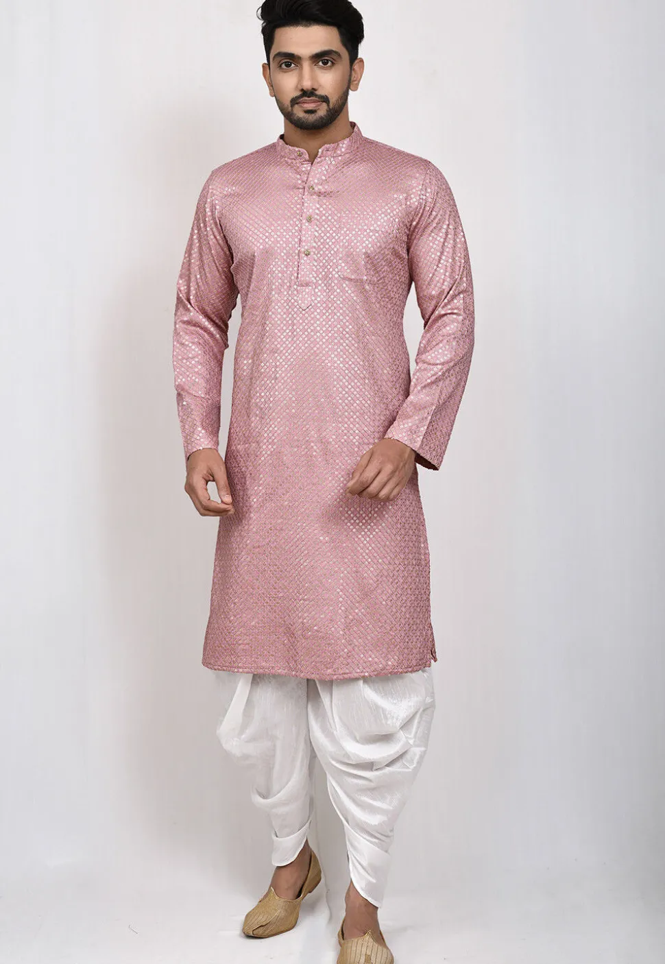 Embroidered Art Silk Dhoti Kurta in Old Rose