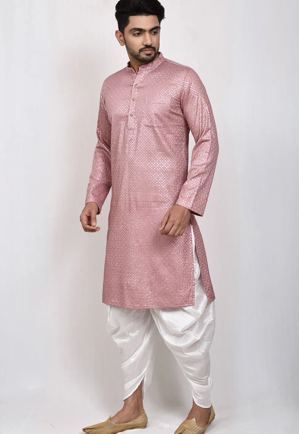 Embroidered Art Silk Dhoti Kurta in Old Rose