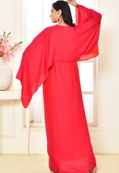 Embroidered Art Silk Draped Gown in Fuchsia