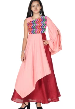 Embroidered Art Silk Dress in Pink and Maroon