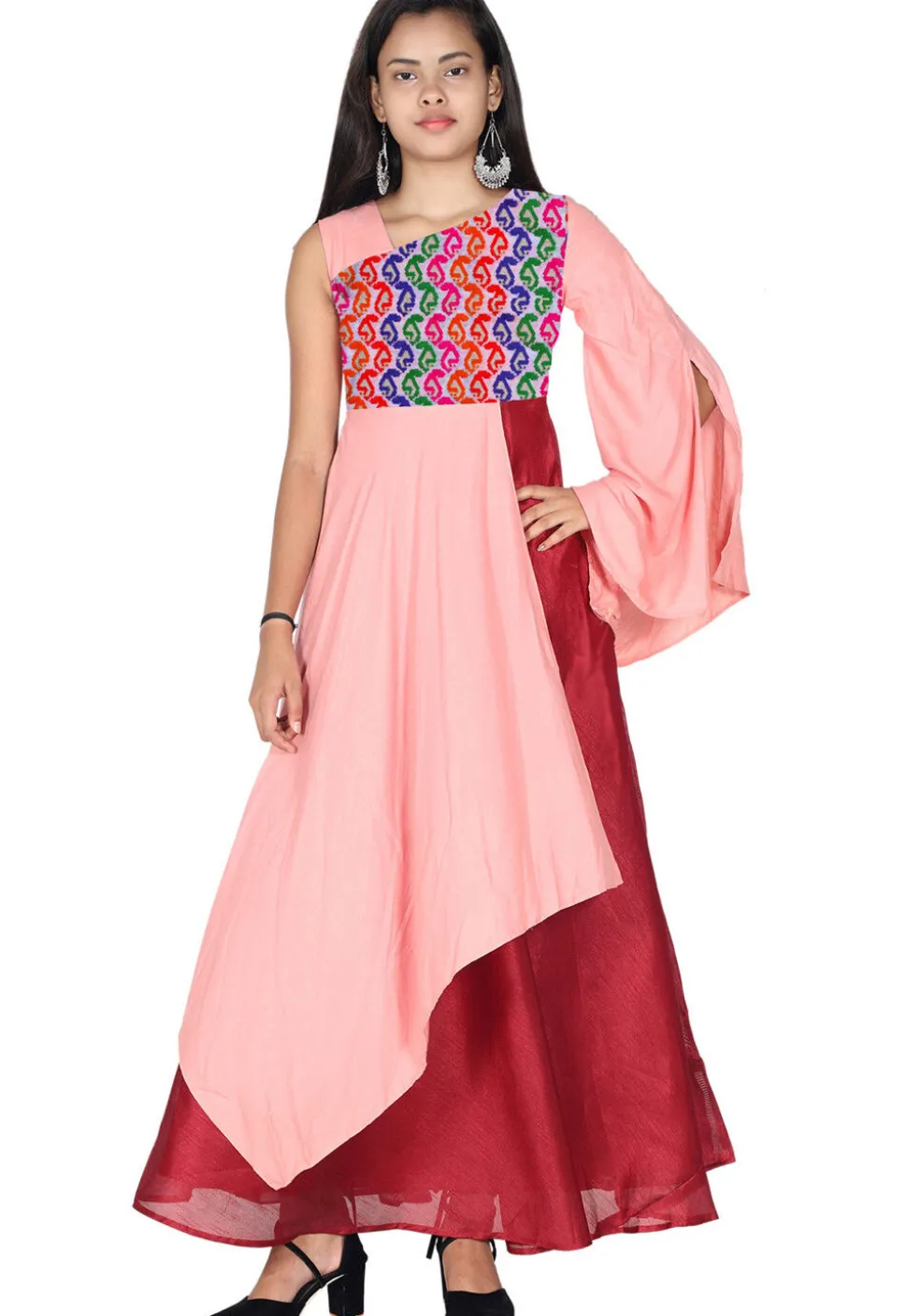 Embroidered Art Silk Dress in Pink and Maroon