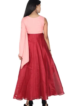 Embroidered Art Silk Dress in Pink and Maroon