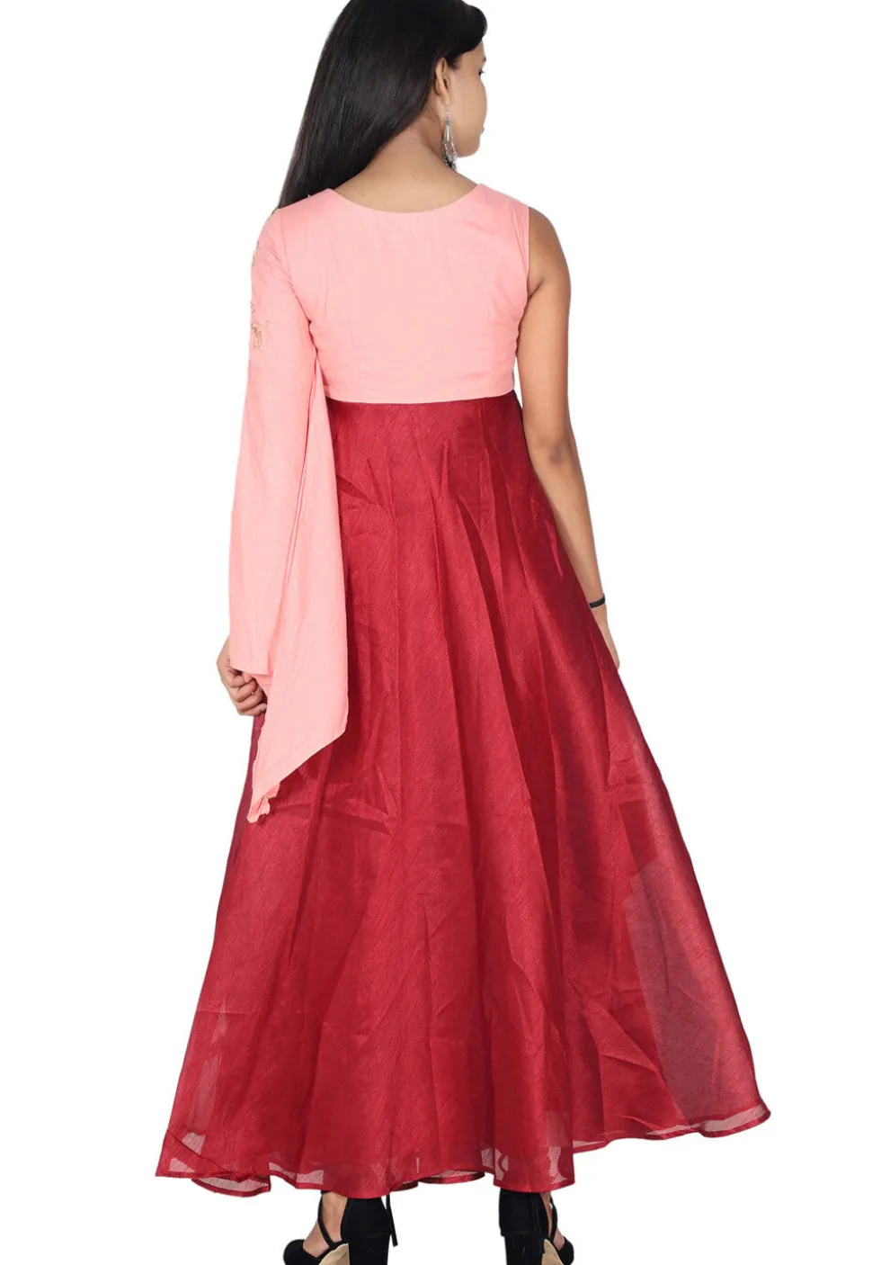 Embroidered Art Silk Dress in Pink and Maroon