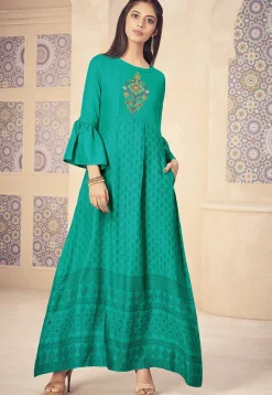 Embroidered Art Silk Flared Kurta in Teal Green