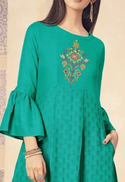 Embroidered Art Silk Flared Kurta in Teal Green