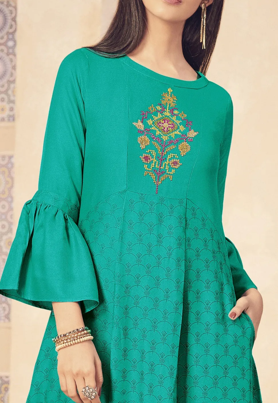 Embroidered Art Silk Flared Kurta in Teal Green