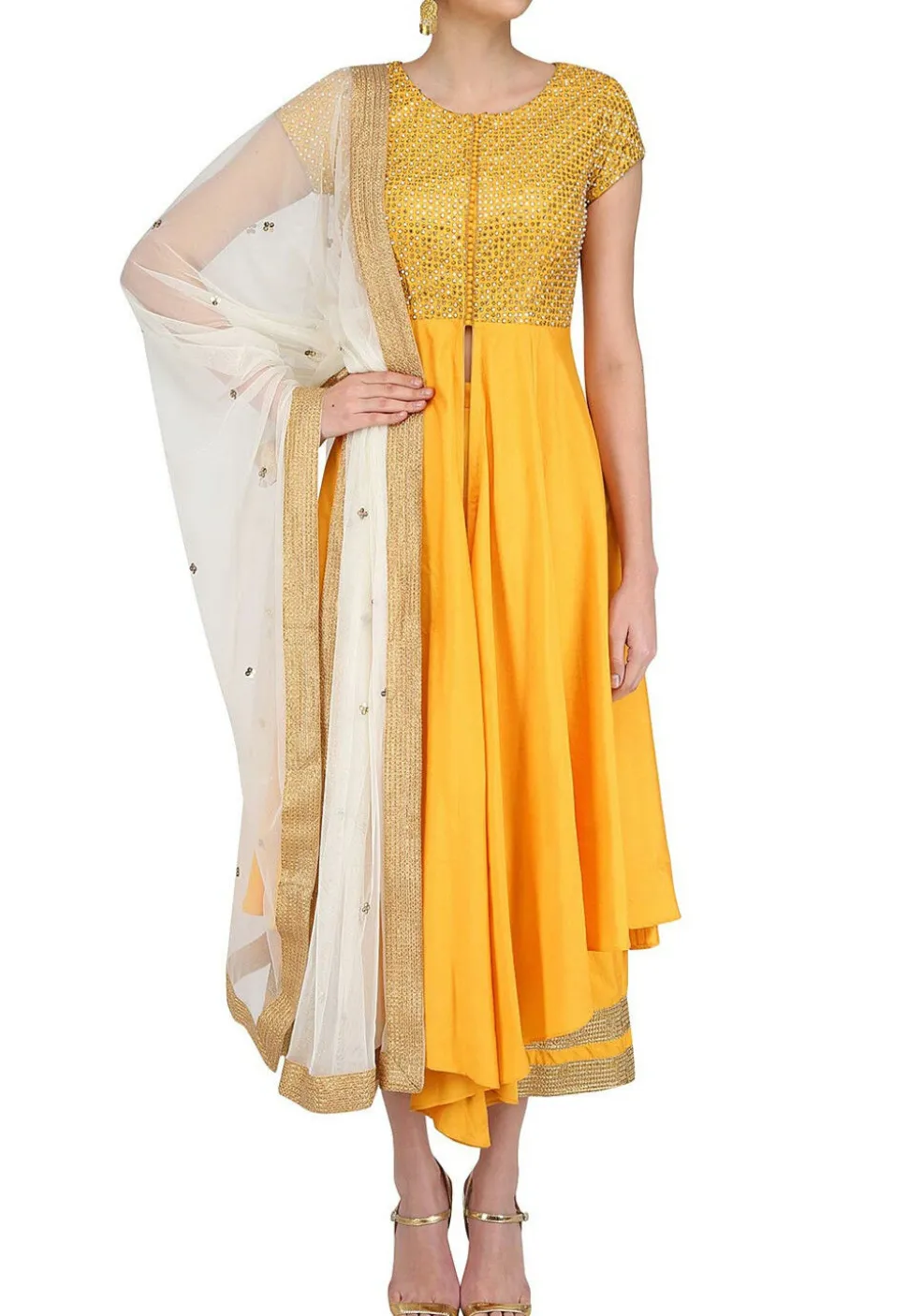 Embroidered Art Silk Front Slit Anarkali Suit in Yellow