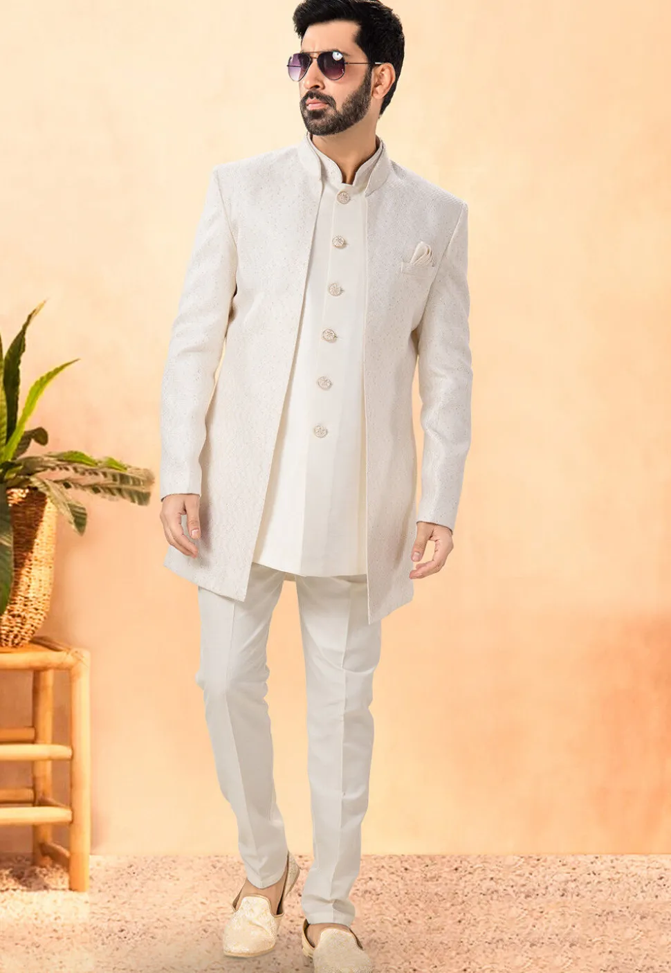 Embroidered Art Silk Front Open Kurta Set in Off White