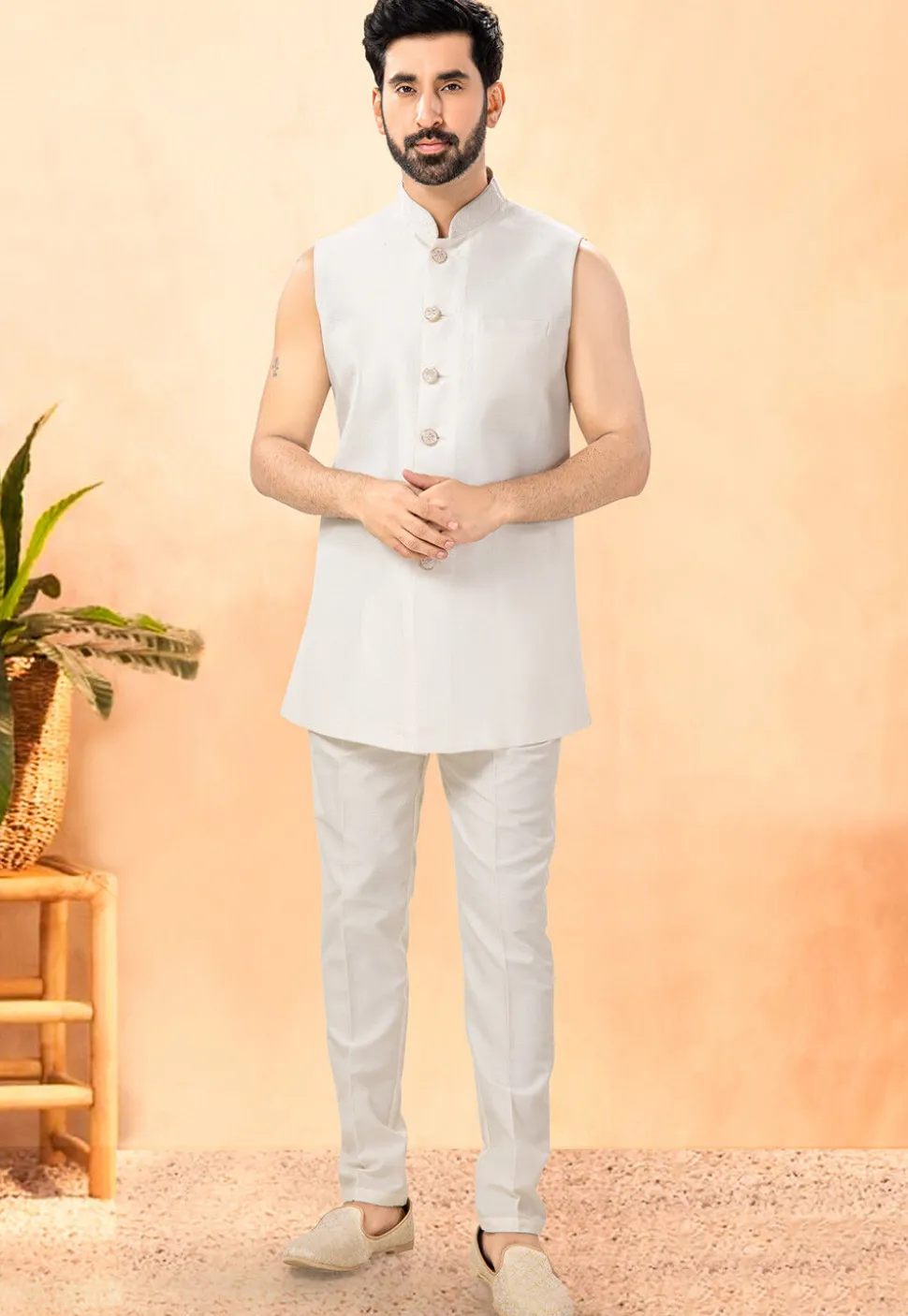 Embroidered Art Silk Front Open Kurta Set in Off White
