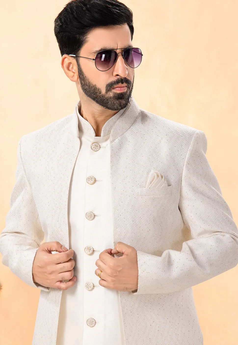 Embroidered Art Silk Front Open Kurta Set in Off White