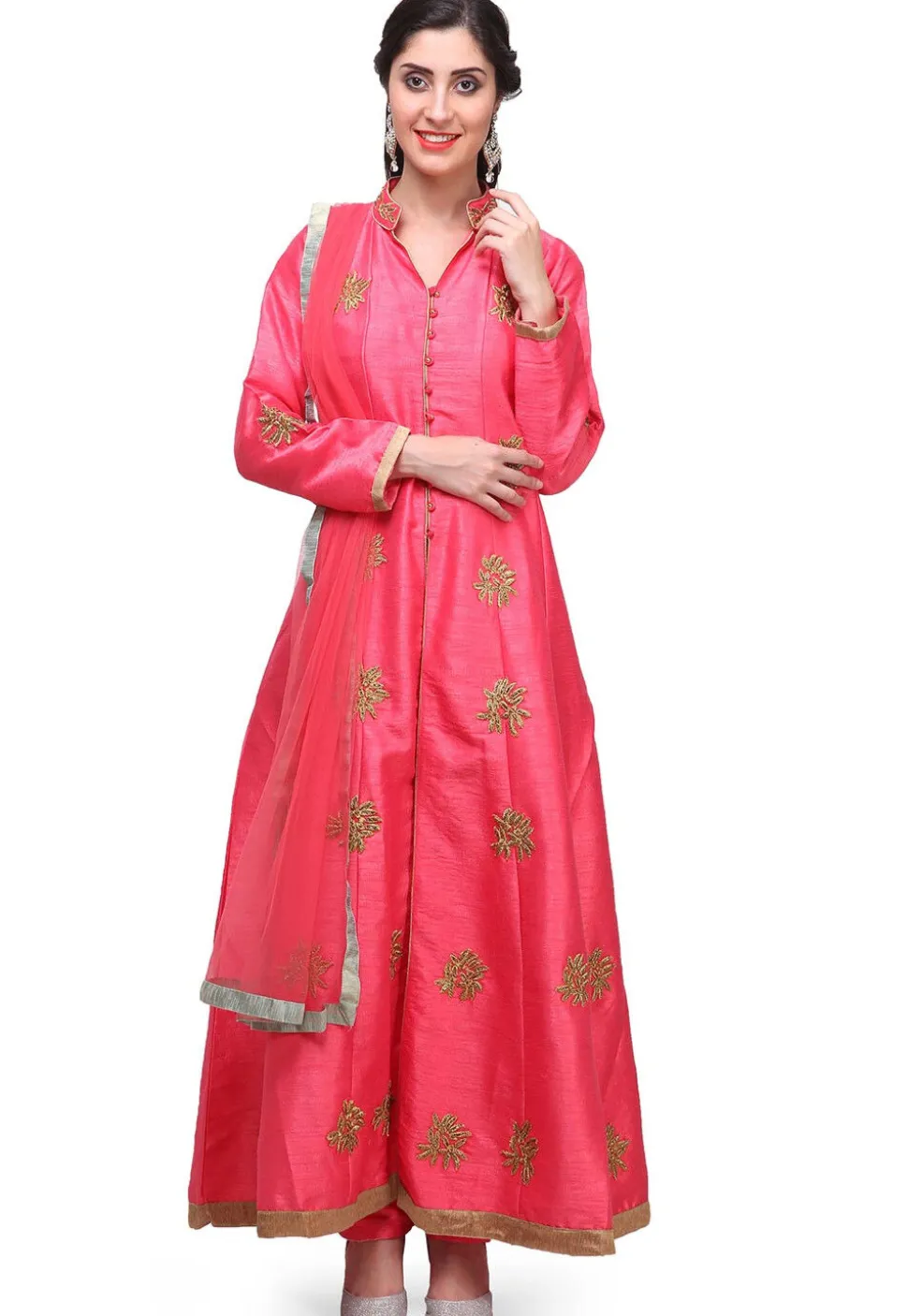 Embroidered Art Silk Front Slit Anarkali Suit in Fuchsia