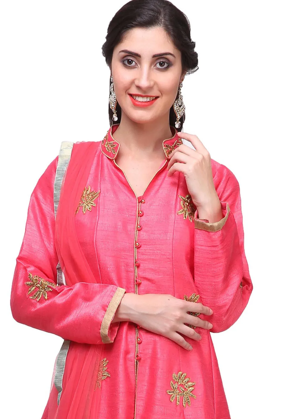 Embroidered Art Silk Front Slit Anarkali Suit in Fuchsia