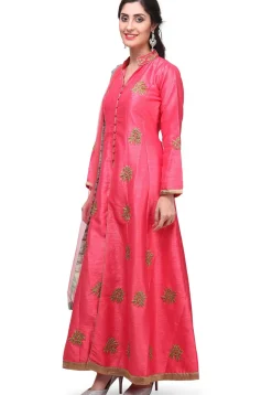 Embroidered Art Silk Front Slit Anarkali Suit in Fuchsia