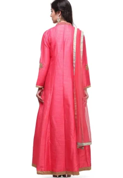 Embroidered Art Silk Front Slit Anarkali Suit in Fuchsia