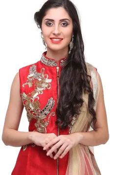 Embroidered Art Silk Front Slit Pakistani Suit in Red