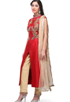 Embroidered Art Silk Front Slit Pakistani Suit in Red