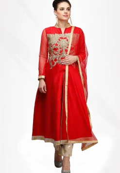 Embroidered Art Silk Front Slit Pakistani Suit in Red