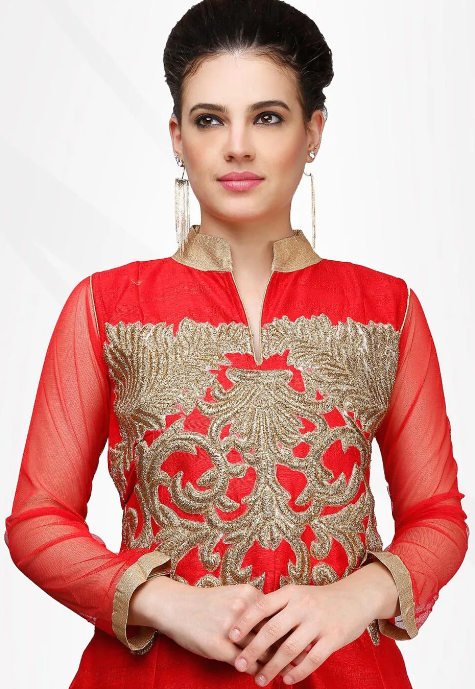 Embroidered Art Silk Front Slit Pakistani Suit in Red