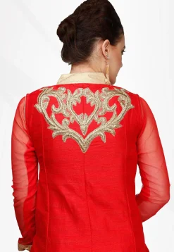 Embroidered Art Silk Front Slit Pakistani Suit in Red