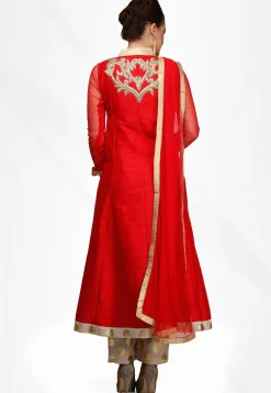 Embroidered Art Silk Front Slit Pakistani Suit in Red