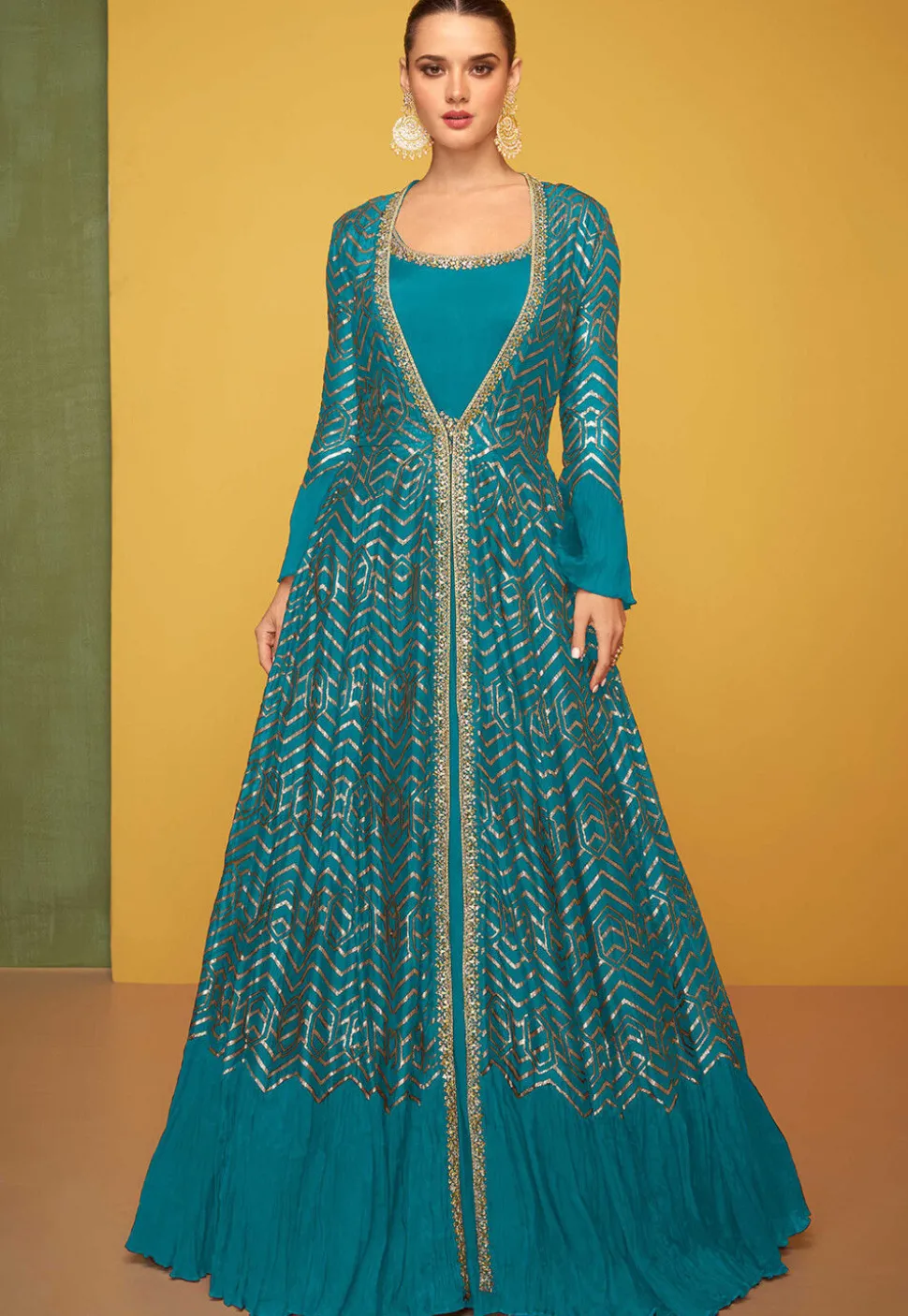 Embroidered Art Silk Gown in Teal Blue