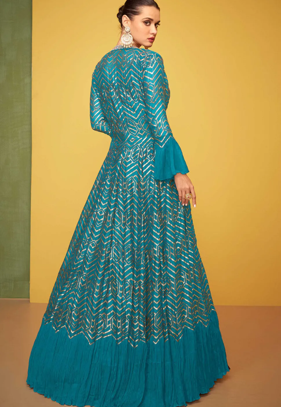 Embroidered Art Silk Gown in Teal Blue