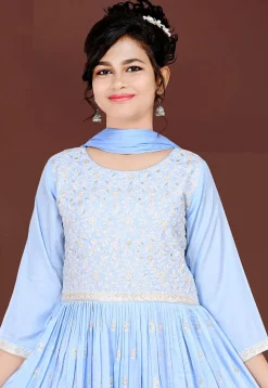 Embroidered Art Silk Gown in Light Blue