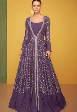 Embroidered Art Silk Gown in Purple