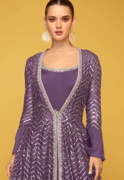 Embroidered Art Silk Gown in Purple