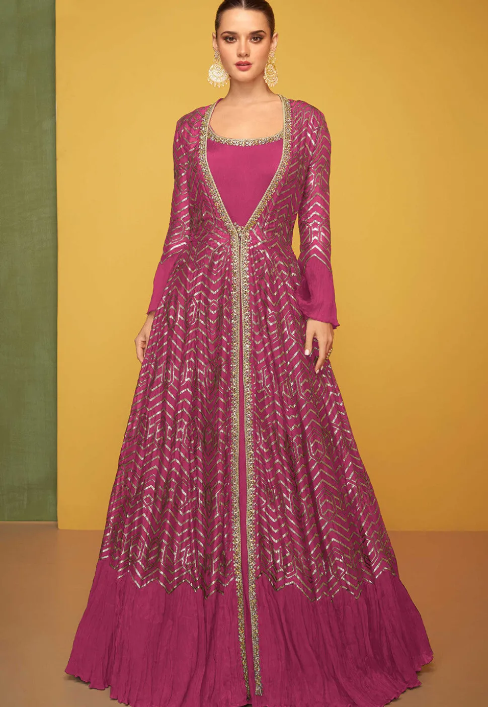 Embroidered Art Silk Gown in Fuchsia