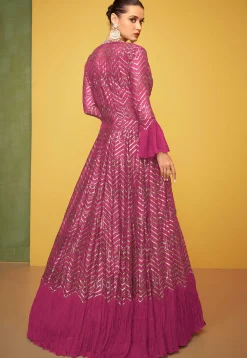 Embroidered Art Silk Gown in Fuchsia