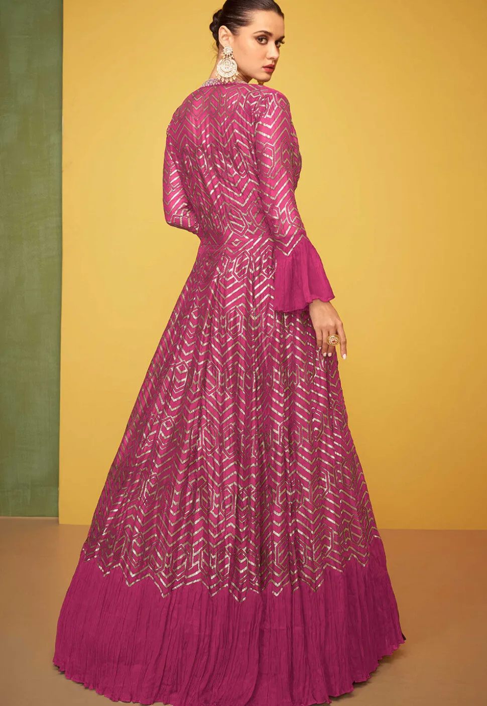 Embroidered Art Silk Gown in Fuchsia