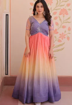 Embroidered Art Silk Gown in Multicolor