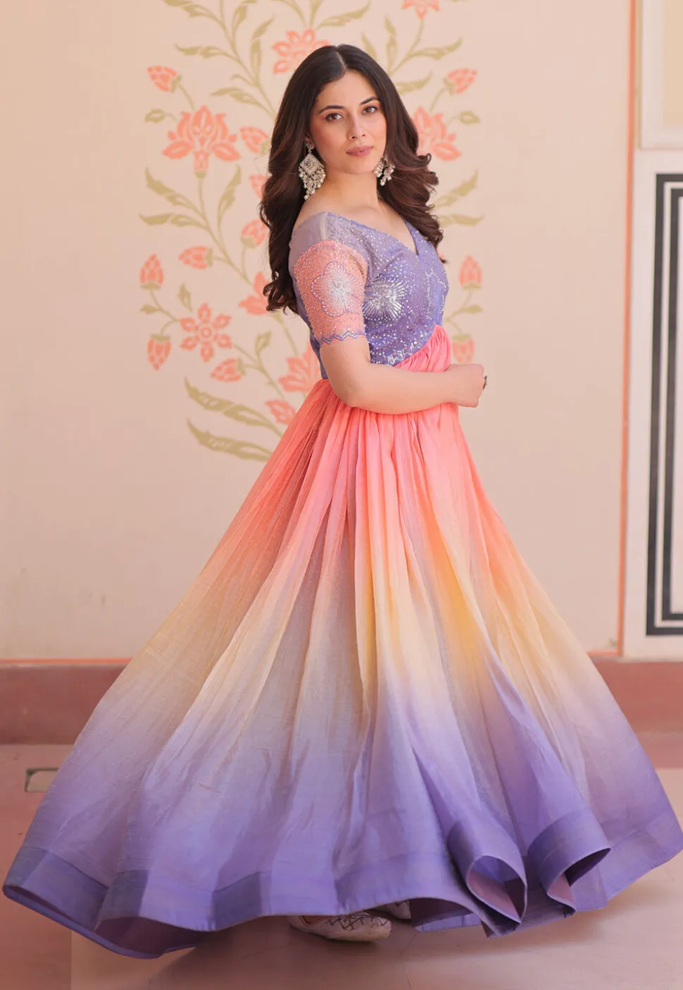 Embroidered Art Silk Gown in Multicolor